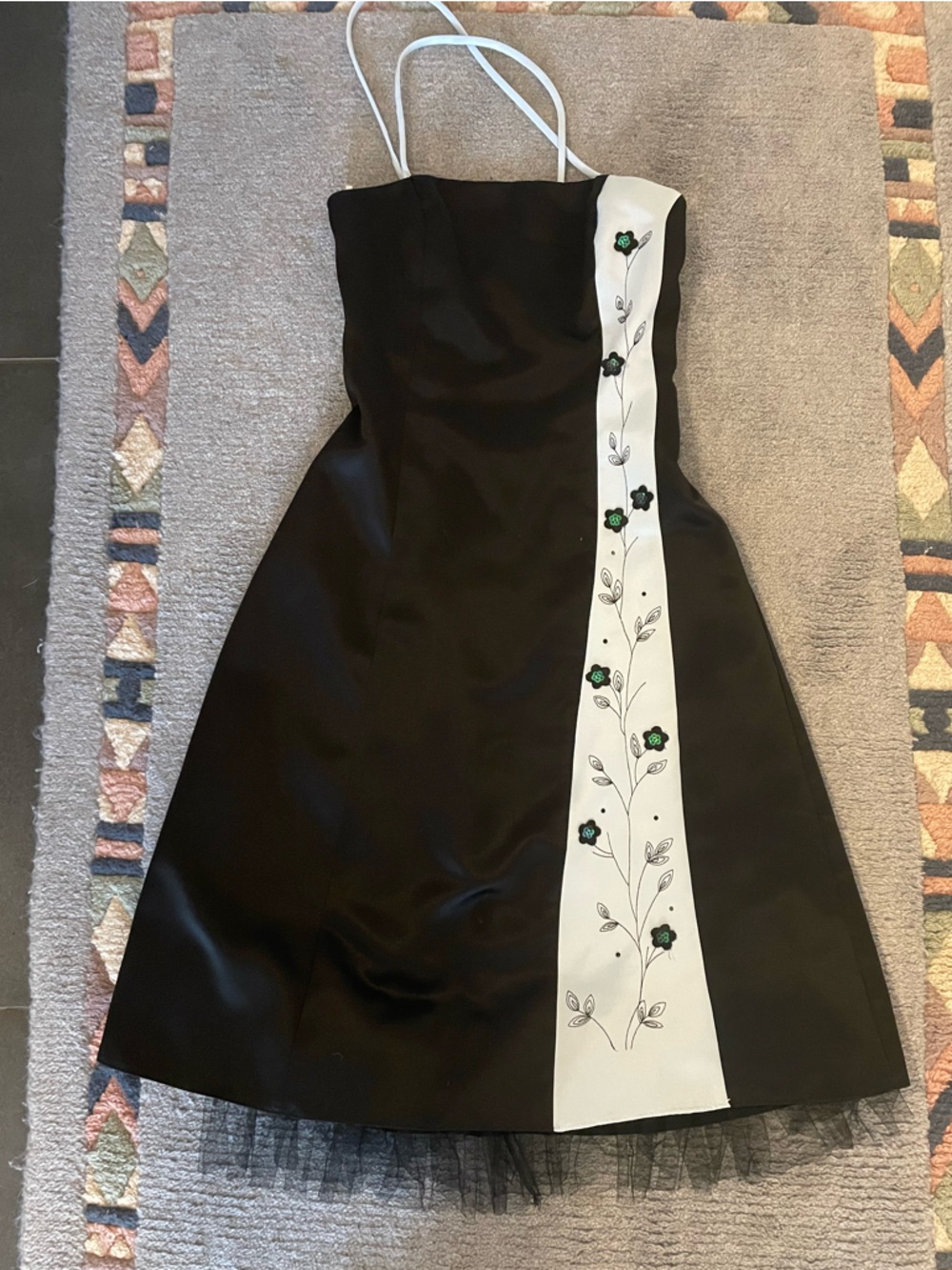 2000s Square Neck Black A-Line Dress with Blue Floral Panel